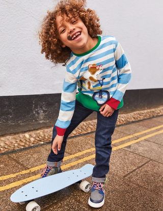 Mini Boden Boy's Breton Applique T-shirt in Surfboard Blue Geniua Pig (Slightly Defect)