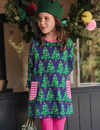 Mini Boden Girl's Printed Jersey Pocket Tunic in Starboard Blue Christmas Trees (Slightly Defect)