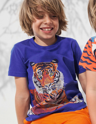 Mini Boden Boy's Short Sleeve Superstitch T-shirt in Blue Wave Tiger (Slightly Defect)