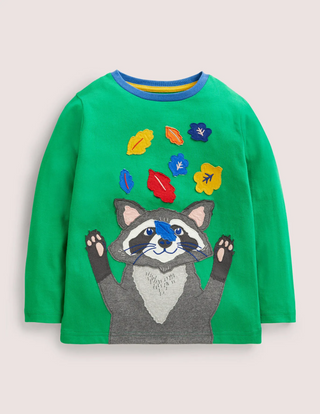 Mini Boden Front & Back Applique T-shirt in Highland Green Racoon (Slightly Defect)