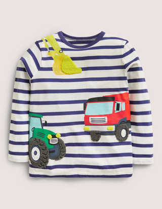 Mini Boden Boy's Front & Back Vehicle T-shirt in Ivory/Starboard Stripe (Slightly Defect)