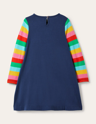 Mini Boden Girl's Rainbow Unicorn Applique Dress in College Navy Unicorn (Slightly Defect)