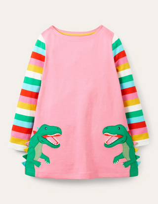 Mini Boden Girl's Fun Applique Tunic in Pink Lemonade Dinosaur (Slightly Defect)