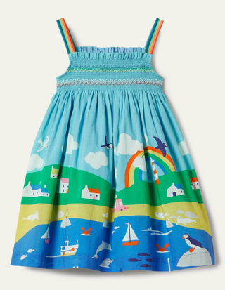 Mini Boden Girl's Smoked Sleeveless Sun Dress in Blue River Side