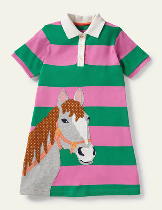 Mini Boden Girl's Applique Polo Dress in Green Pepper/Pink Horse