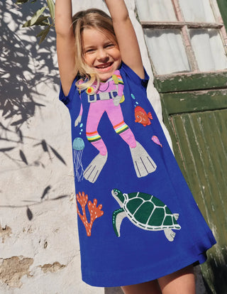 Mini Boden Girl's Fun Big Applique Dress in Blue Wave Diver