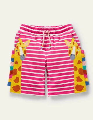 Mini Boden Girl's Jersey Applique Shorts in Tutti Fruity Pink Giraffe