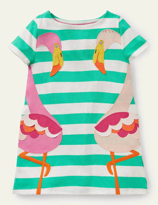 Mini Boden Girl's Applique Tunic Tropical Green/ Ivory Flamingo (Slightly Defect)