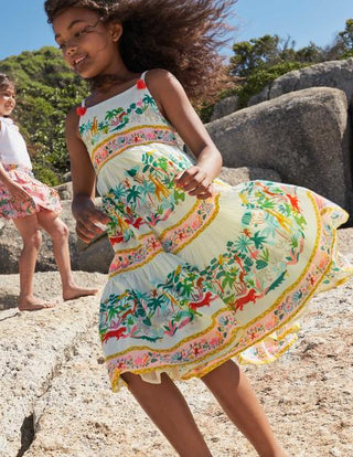 Mini Boden Girls' Tiered Twirly Sundress in Ivory Jungle Safari