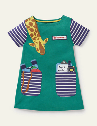 Mini Boden Girl's Novelty Pocket Jersey Tunic in Sardinia Green Giraffe (SLIGHTLY DEFECT)