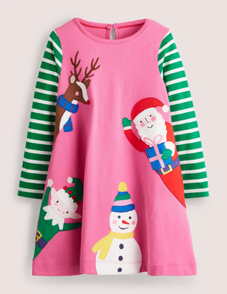 Mini Boden Girl's Big Applique Dress in Tickled Pink Christmas Friends