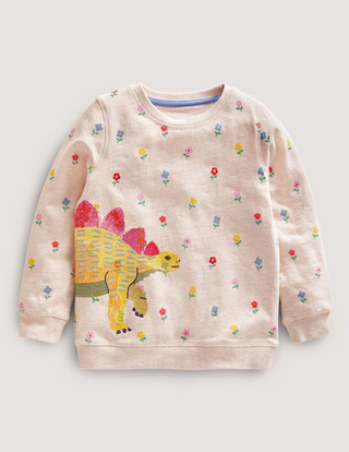 Mini Boden Girl's Superstitch Sweatshirt in Oatmeal Marl Dinosaur (Slightly Defect)