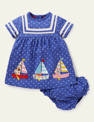 Baby Boden Girl's Sailor Dress in Bluebell Blue Pin Spot Boats