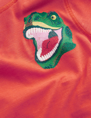 Mini Boden Boy's Washed Superstitch T-shirt in Mandarin Orange Dinosaur