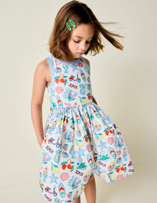 Mini Boden Girl's Harlow Back Detail Dress in Ivory Holiday Print