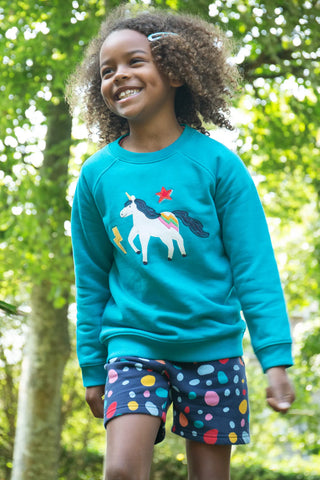 Frugi Girl's Switch Rex Applique Jumper in Camper Blue