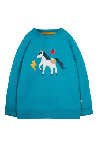 Frugi Girl's Switch Rex Applique Jumper in Camper Blue