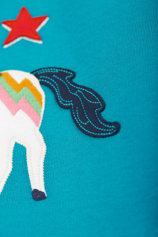 Frugi Girl's Switch Rex Applique Jumper in Camper Blue