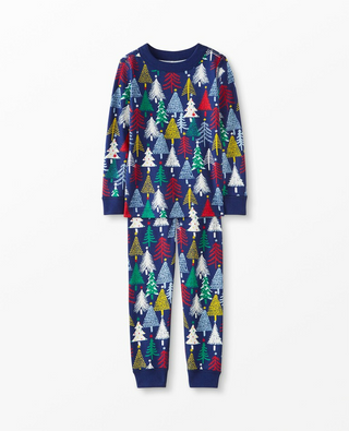 Kids Long John Festive Holiday Printed Pyjama Set in Twinkly Trees (SLIGHTLY DEFECT)