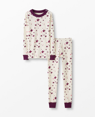 Kids Star Printed Long John Pyjama Set in Darker Pink