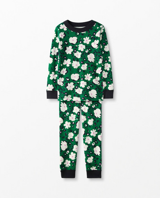 Kids Long John Floral Printed Pyjama Set in Green Magnolia