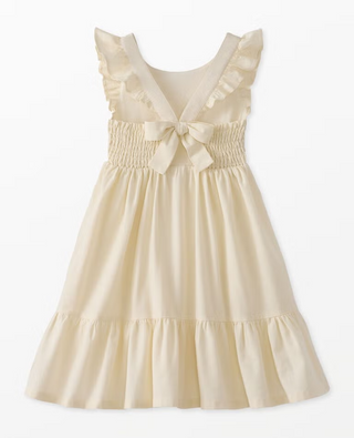 Girls' Ruffle Sleeve Bow Detail Linen Dress in Ecru