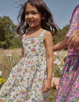 Mini Boden Girl's Bow Back Cotton Dress in Plum Blossom Summer Vine