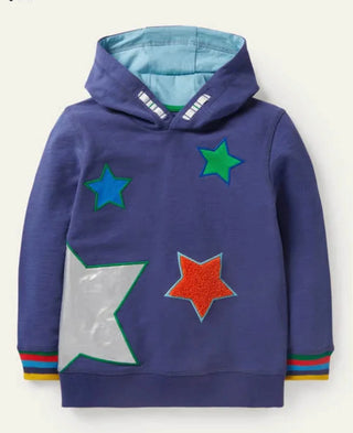 Mini Boden Boy's Foil Star Applique Hoodie in Blue