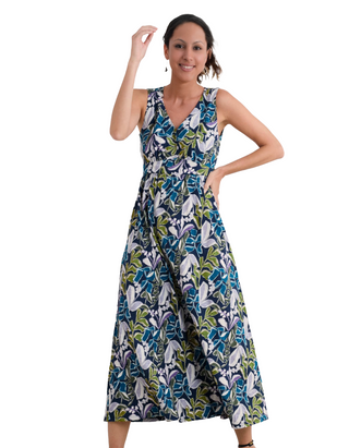 Women's Sleeveless Polmanter Dress in Linear Leaves Maritime