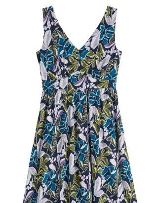 Women's Sleeveless Polmanter Dress in Linear Leaves Maritime