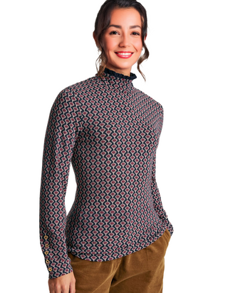 Women's Floral Long Sleeve High Neck Jersey Top in Navy