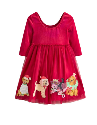 Mini Boden Girl's Christmas Velvet Tulle Applique Dress in Red
