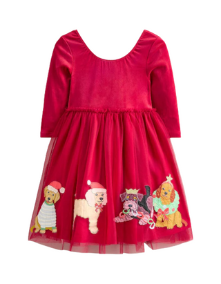 Mini Boden Girl's Christmas Velvet Tulle Applique Dress in Red