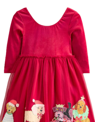 Mini Boden Girl's Christmas Velvet Tulle Applique Dress in Red