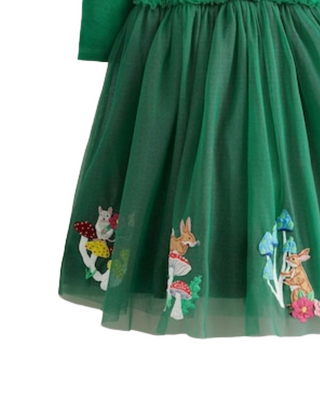 Mini Boden Girl's Velvet Tulle Applique Dress in Green