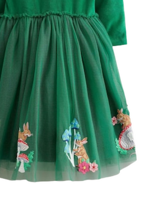 Mini Boden Girl's Velvet Tulle Applique Dress in Green