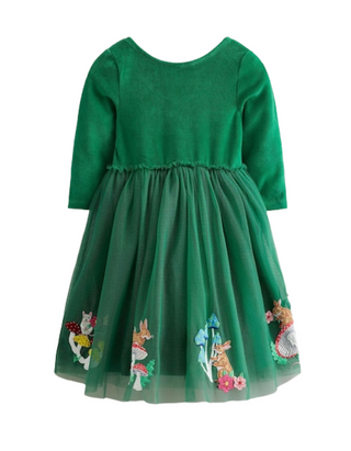 Mini Boden Girl's Velvet Tulle Applique Dress in Green