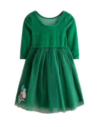 Mini Boden Girl's Velvet Tulle Applique Dress in Green