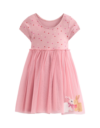 Mini Boden Girl's Ami Applique Knee Length Dress in Vintage Pink Bunnies