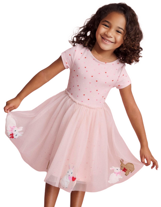 Mini Boden Girl's Ami Applique Knee Length Dress in Vintage Pink Bunnies