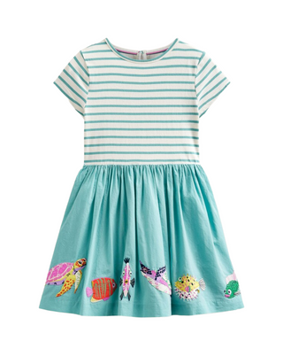 Mini Boden Girl's Woven Mix Applique Dress in Georgian Blue/ Vanilla Sealife Girls Boden
