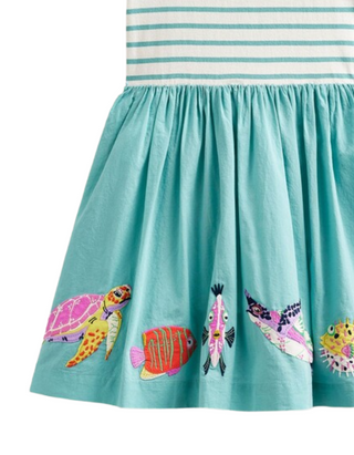 Mini Boden Girl's Woven Mix Applique Dress in Georgian Blue/ Vanilla Sealife Girls Boden