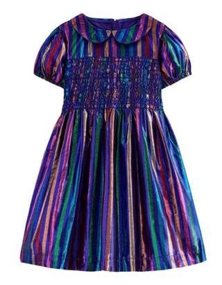 Mini Boden Girl's Metallic Smocked Party Dress in Blue Multi (Imperfect)