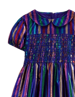 Mini Boden Girl's Metallic Smocked Party Dress in Blue Multi (Imperfect)