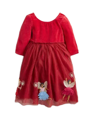 Mini Boden Girl's Velvet Fairy Applique Tulle Party Dress in Red (Imperfect)