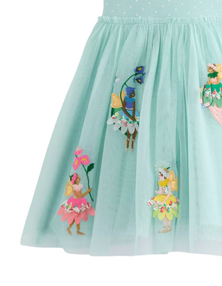 Mini Boden Girl's Ami Applique Tulle Dress in Spearmint Blue Flower Fairies