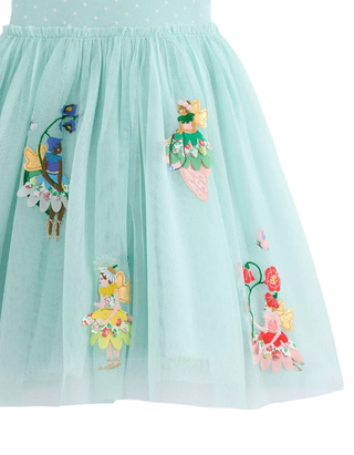 Mini Boden Girl's Ami Applique Tulle Dress in Spearmint Blue Flower Fairies