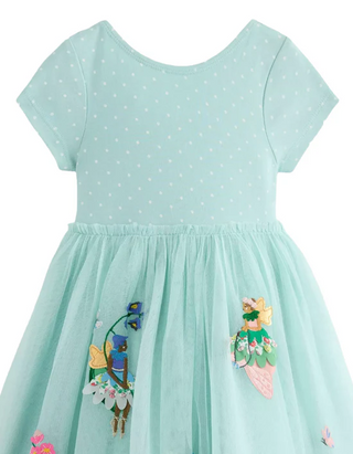 Mini Boden Girl's Ami Applique Tulle Dress in Spearmint Blue Flower Fairies (Imperfect)