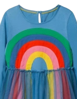 Mini Boden Girl's Long Sleeve Rainbow Tulle Dress in Blue