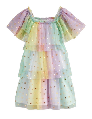 Mini Boden Girl's Tiered Tulle Dress in Multi Ombre Gold Foil Star
